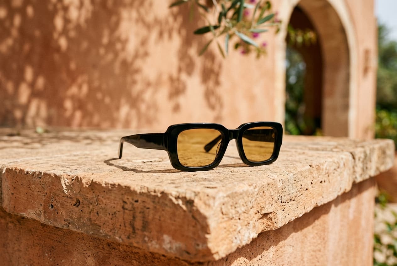 PRYDE amber lens black sunglasses on terracotta ledge.