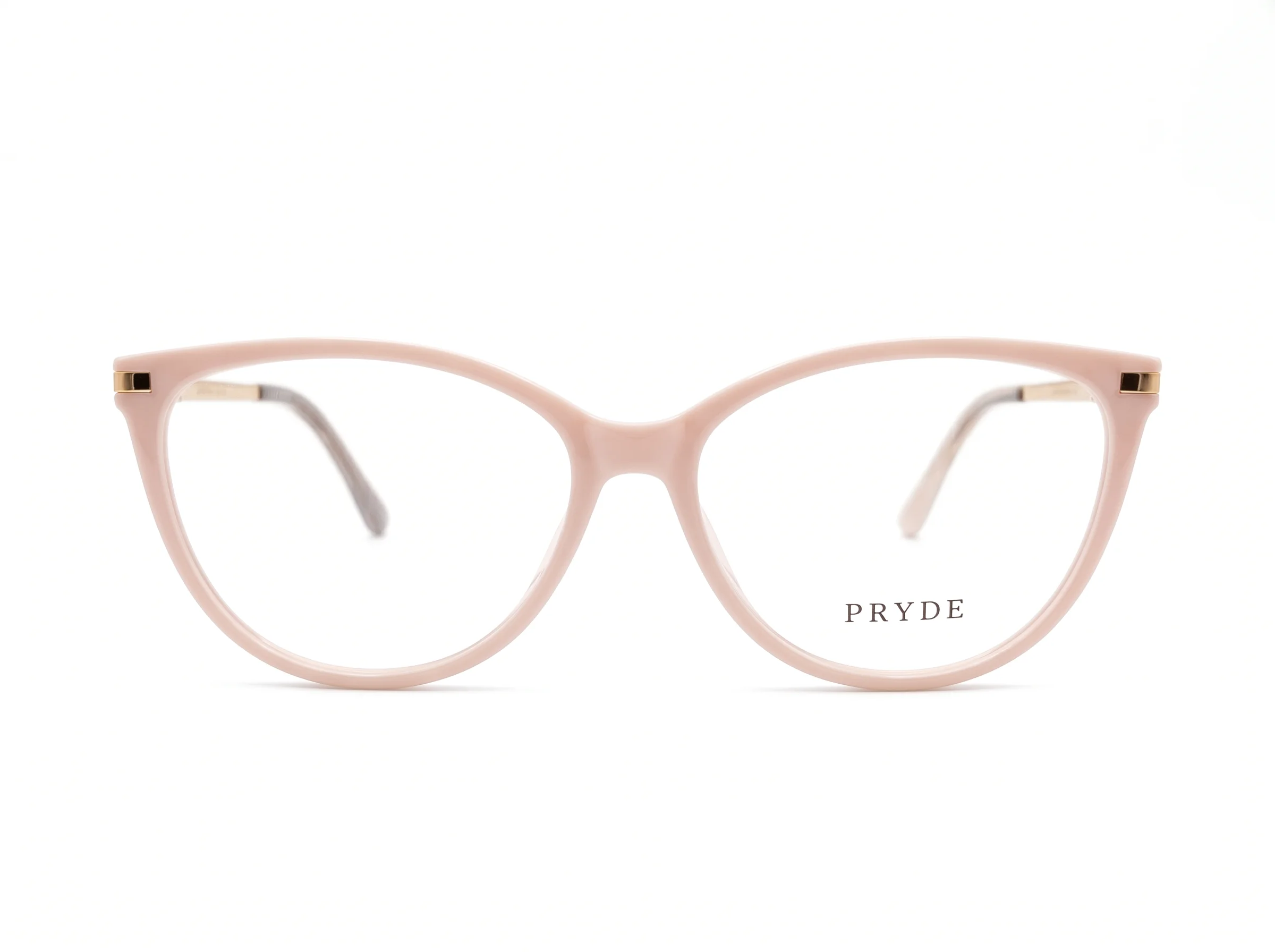 PRYDE NORA — translucent blush pink cat-eye optical frame, front view on white background.